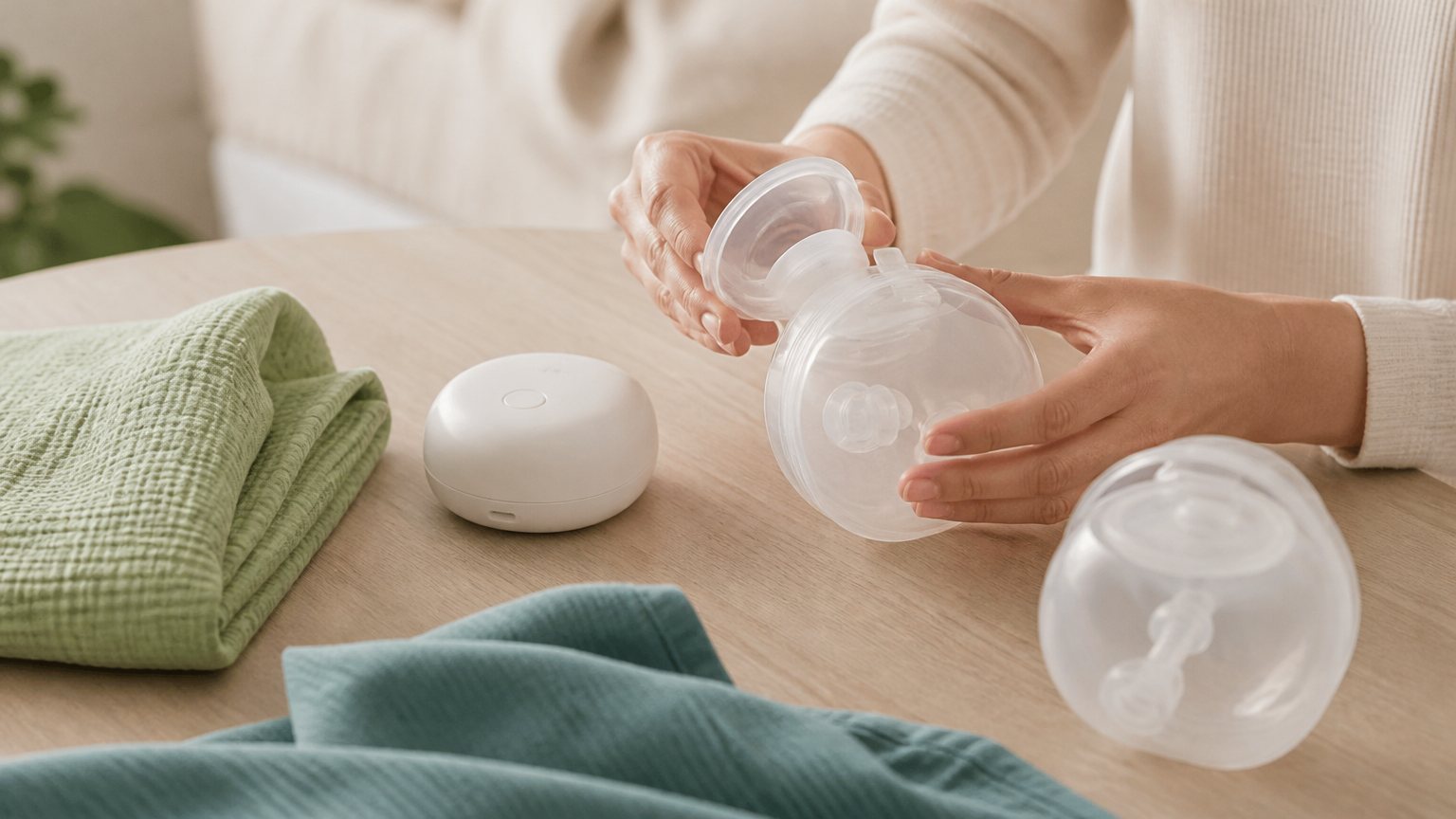 A parent's hands assembling the collection cup of a wearable breast pump on a light wood table